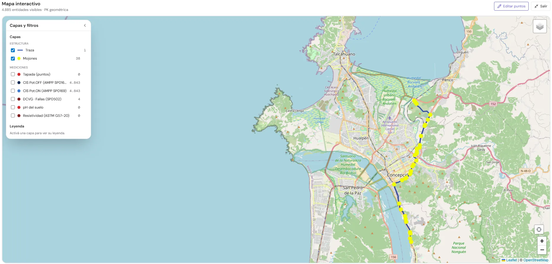 Mapa satelital del ducto con traza e instalaciones en TuDashi